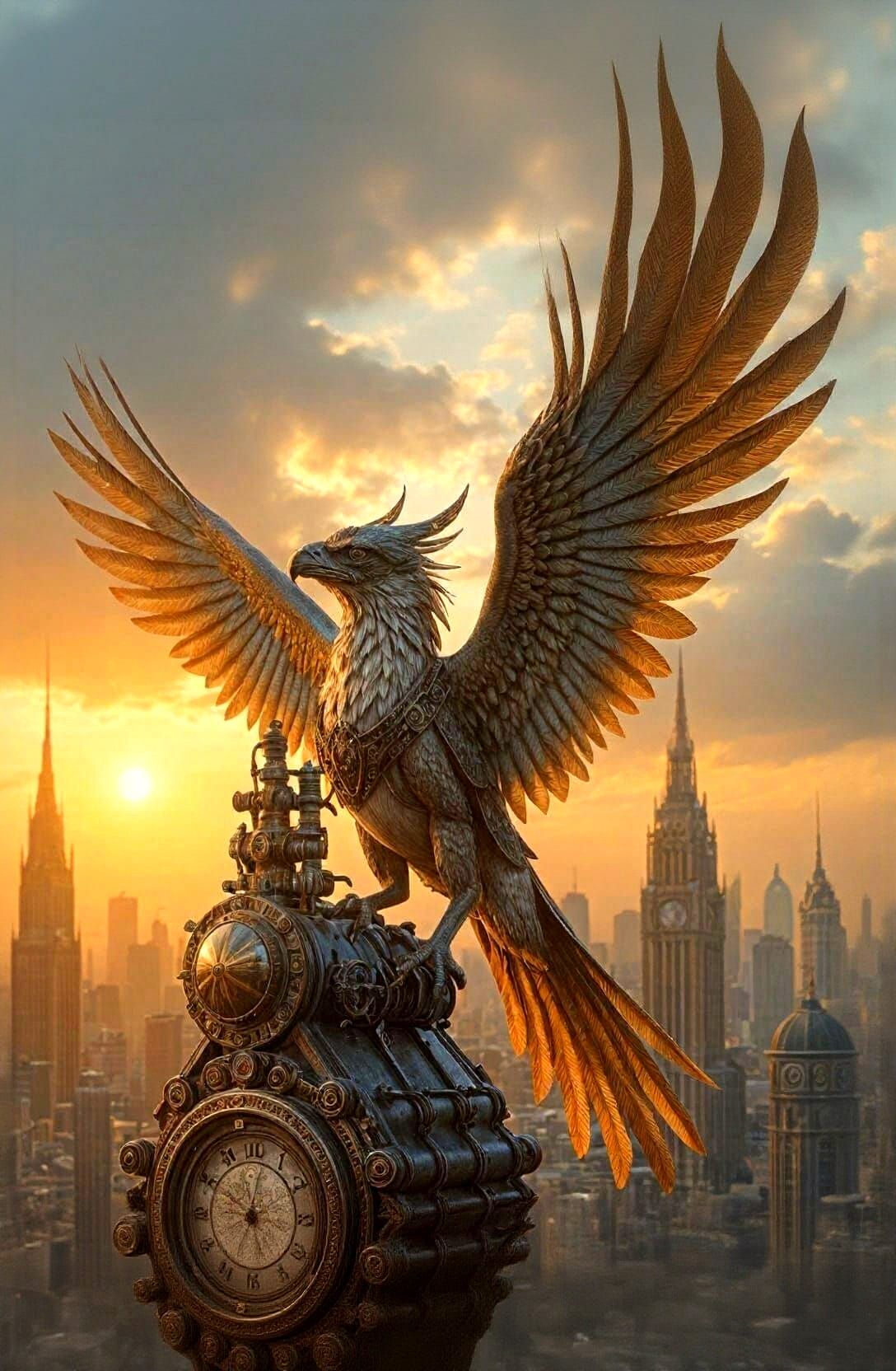 Steampunk Griffin on Clock Tower in Art Deco Style