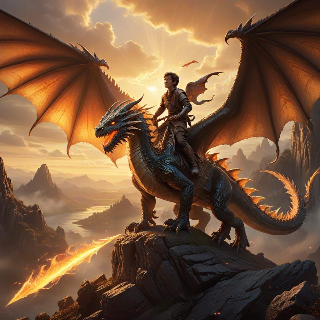 Boy Rides Dragon in Dreamworks Fantasy Landscape