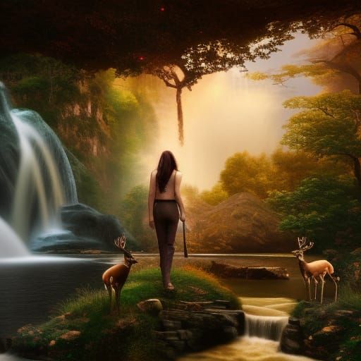 Woman and Deer by Waterfall: Fantasy Concept Art