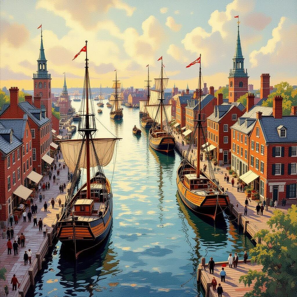 17th Century Boston Harbor in Folk Art Style