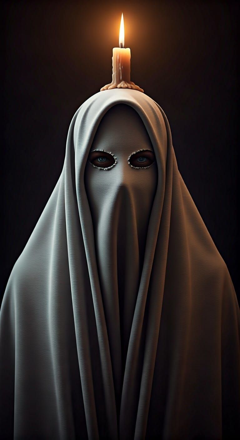 Ethereal Shrouded Figure with Candlelight Gaze