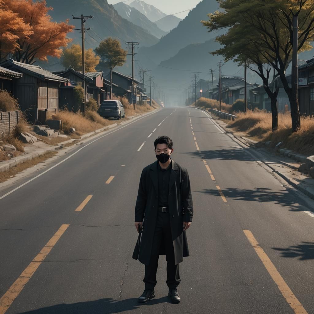 Masked Man on Lonely Road: Detailed Matte Painting