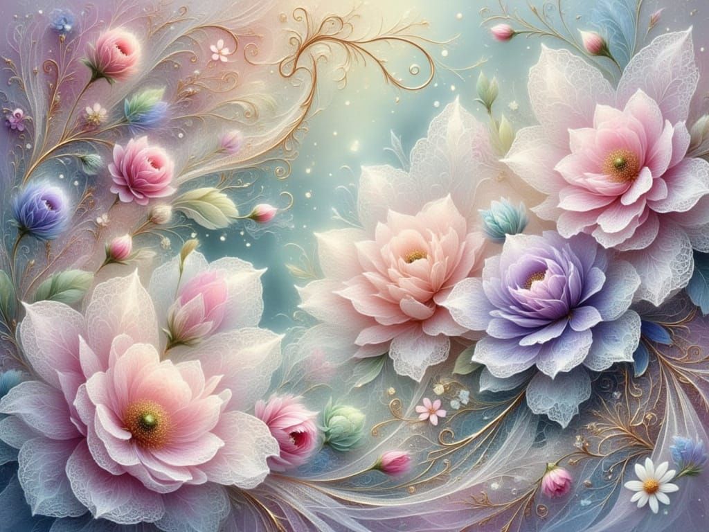 Ethereal Pastel Garden Scene in Delicate Lace and Filigree S...