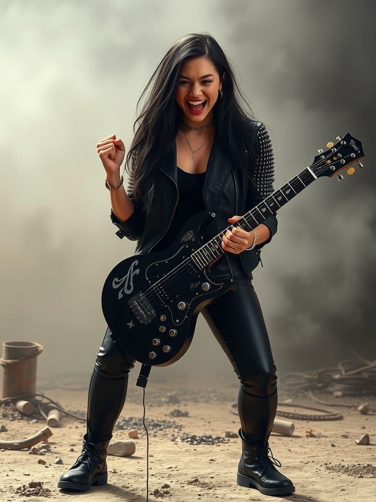 Young Woman with Guitar in Dark Futurism Style