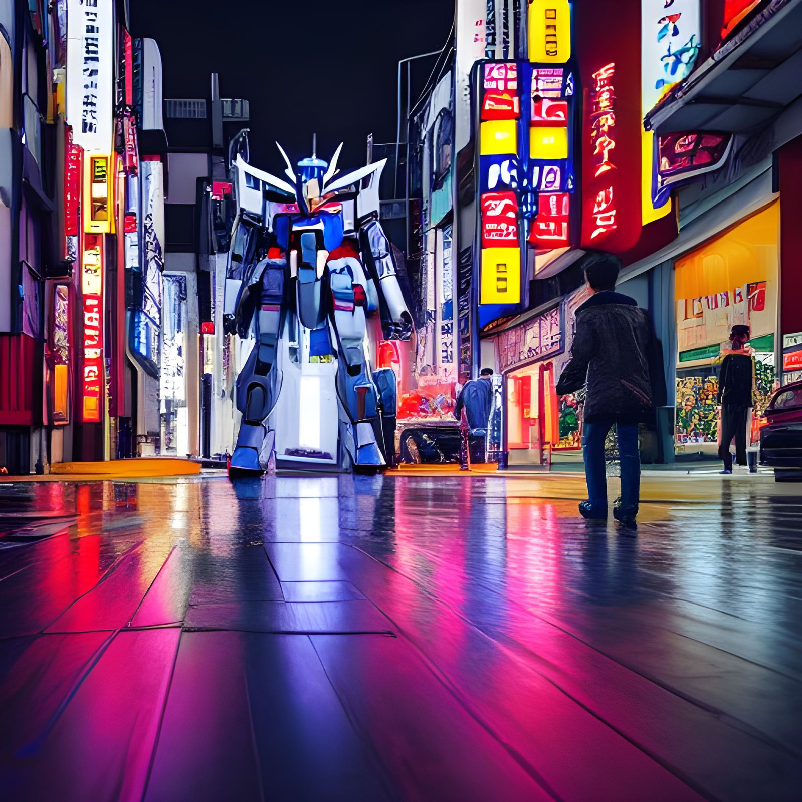 Hyper-Realistic Gundam Mech in Rainy Tokyo Street