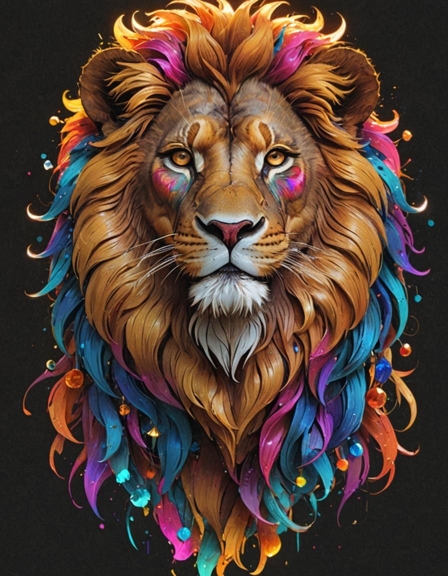 Vibrant Lion Head Portrait in Hyperdetailed Splash Art