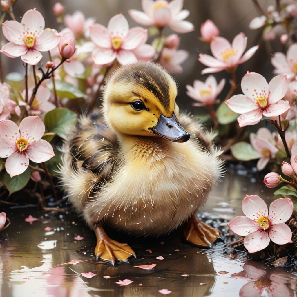 Baby Duckling in Blossoms Watercolor Art