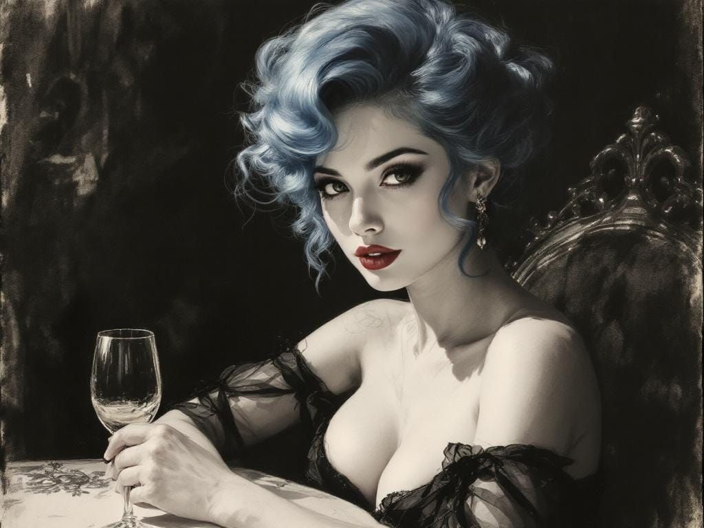 Woman with Blue Hair in Charcoal Sketch Style