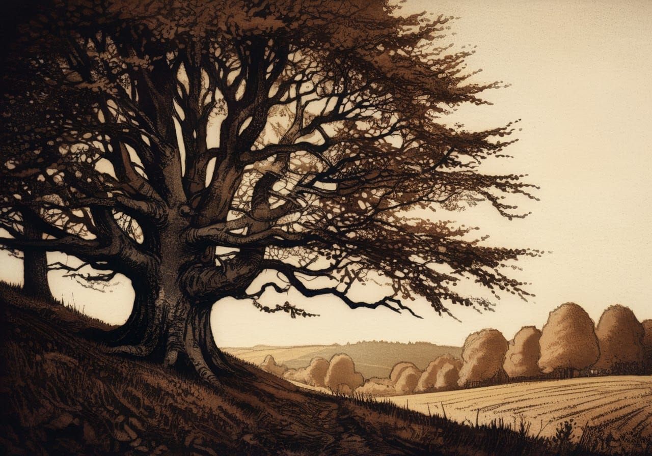 Ancient Beech Trees in Brown Tones Etching