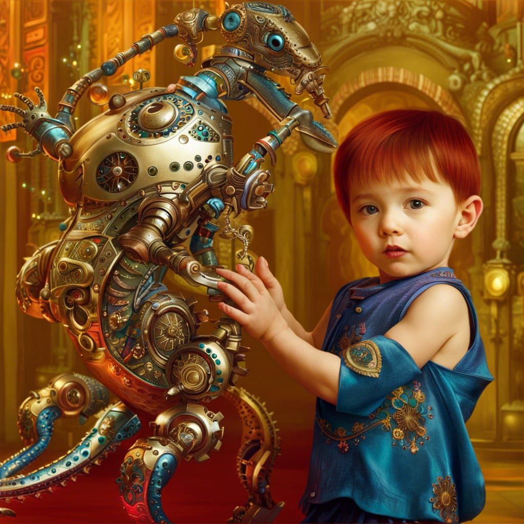 Toddler with Robot Gecko in Dr. Suess Style