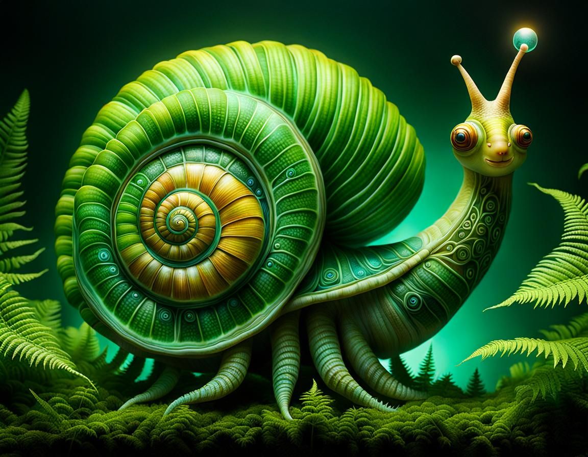 Glass Snail Merges with Fern in Biomechanical Forest