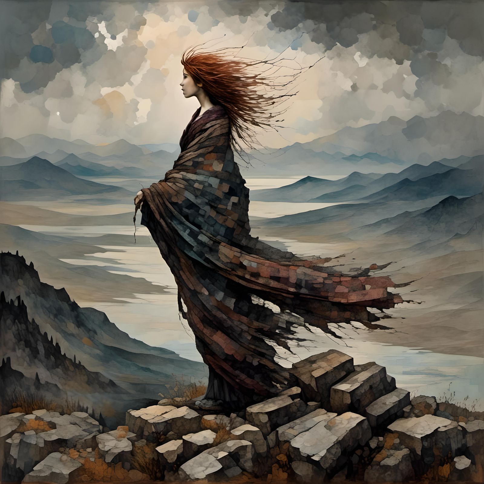 Scottish Woman in Windswept Highlands, Black and White