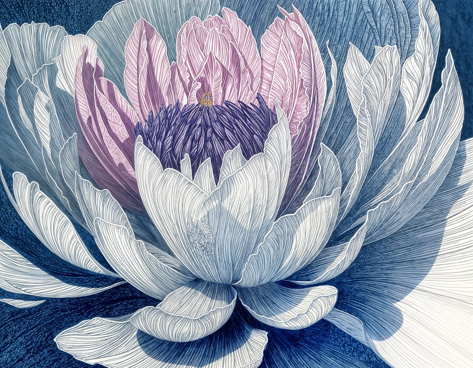 Sarah Bernhardt Peony in Cerulean Intaglio Illustration