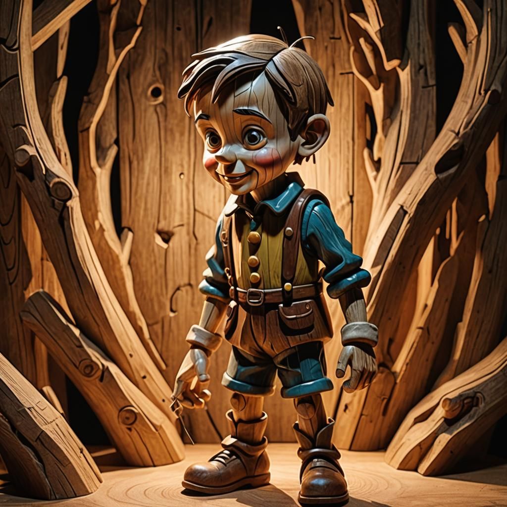 Pinocchio's Transformation: A Detailed Wood Carving