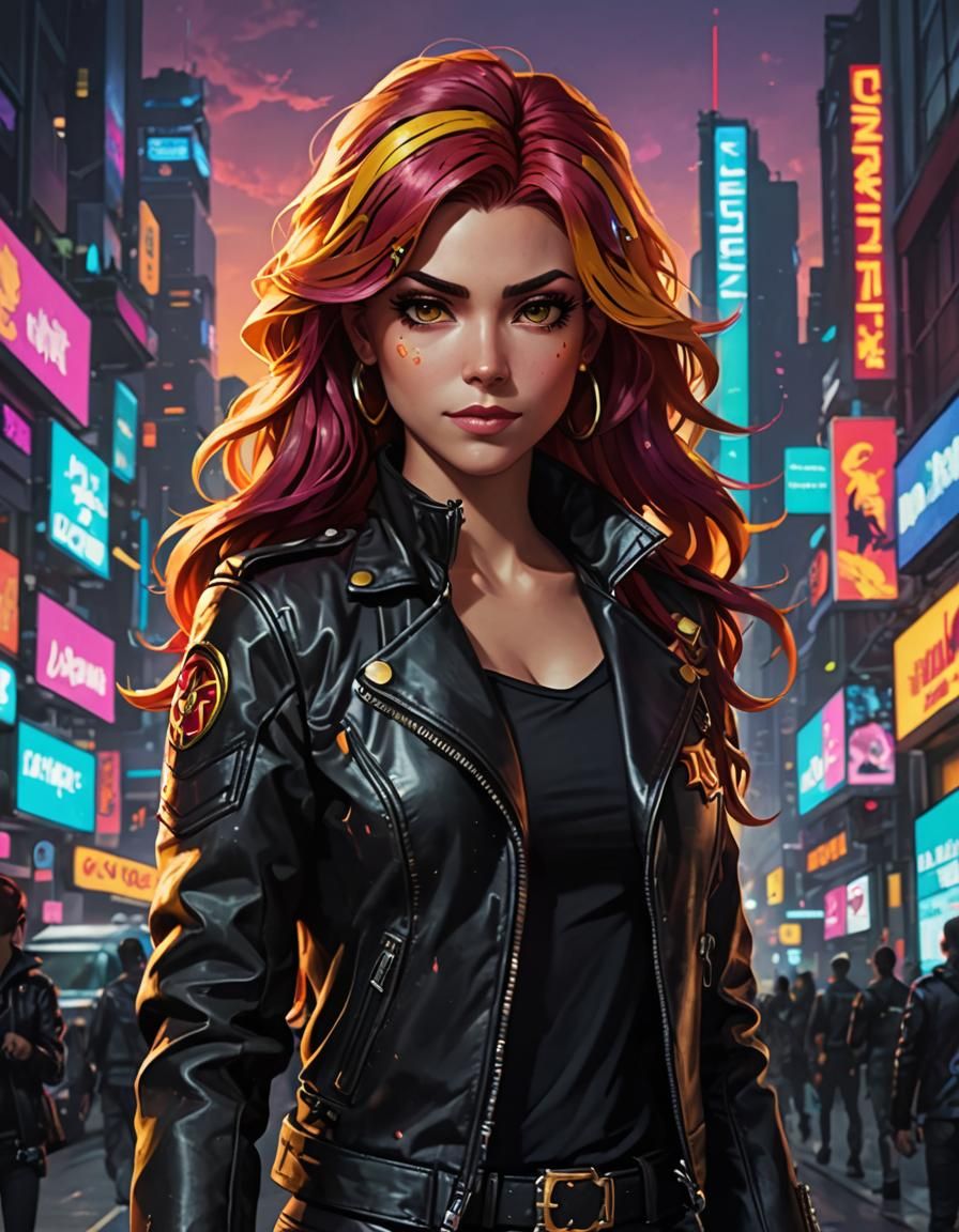 Cyberpunk Sunset Shimmer in Leather Jacket