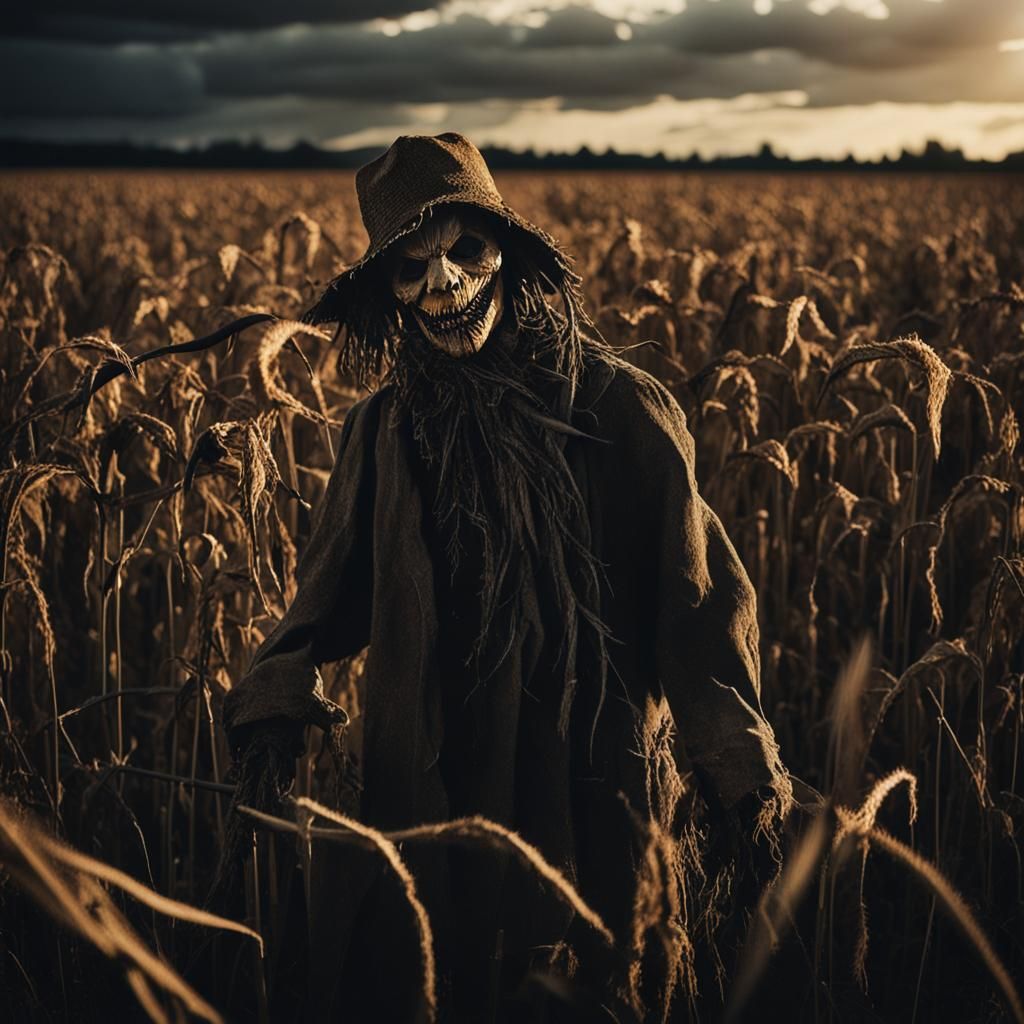Terrifying Scarecrow Emerges from Field in Dark Surrealism