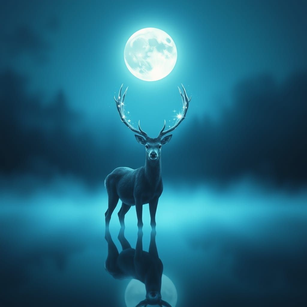 Luminous Stag in Moonlit Lake: Dreamy Digital Art