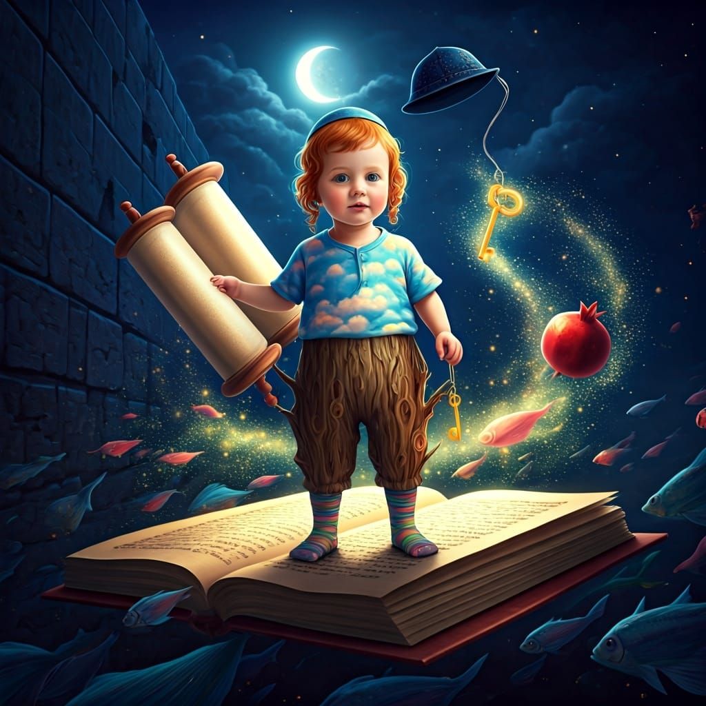 Hasidic Boy on Floating Book, Chagall Style