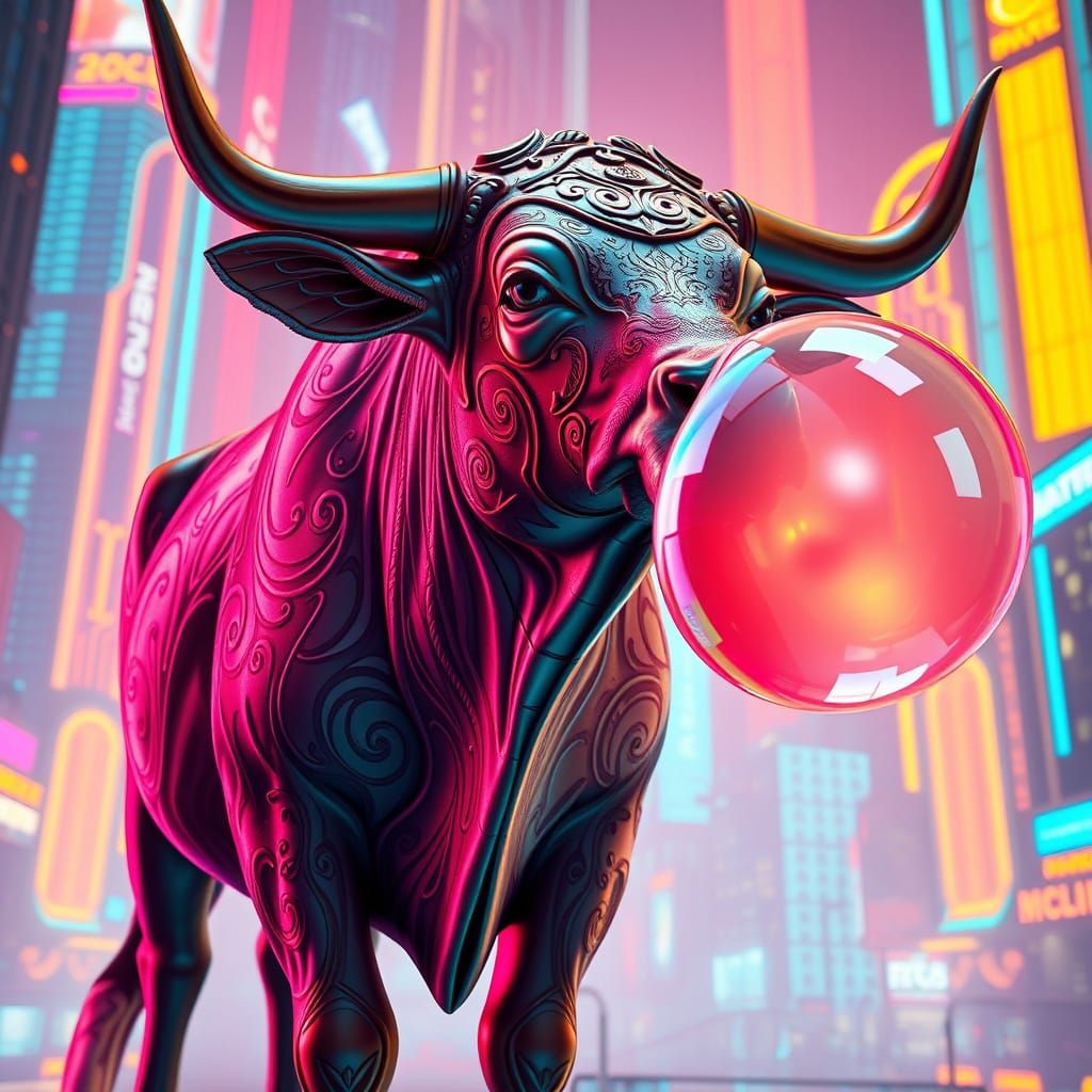 Majestic Cow in Neon Cityscape with Art Nouveau Filigree and...