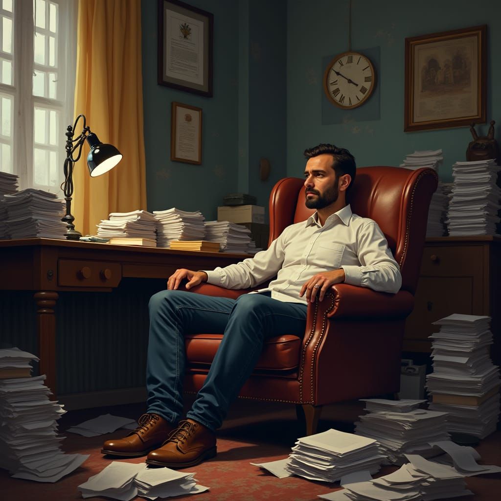 Man Contemplates Finances in Cozy Study: Painterly Style