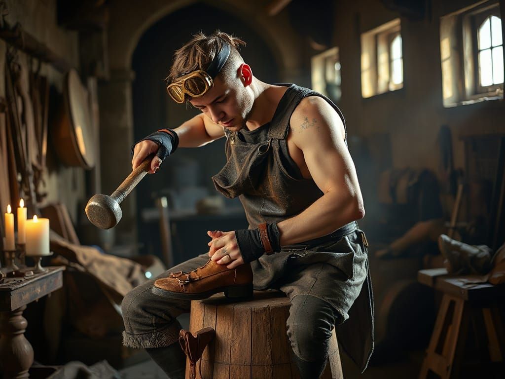 Fantasy Cobbler at Work in Medieval Workshop