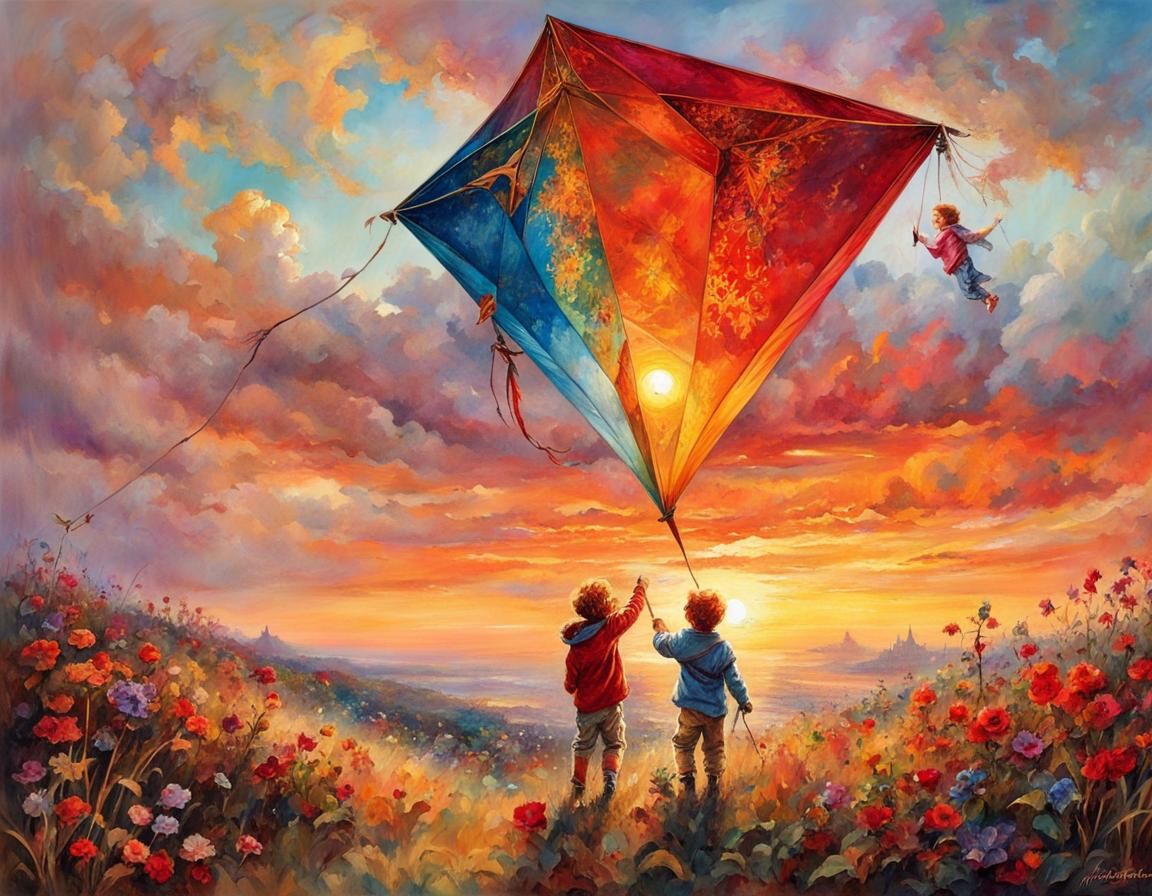 Children's Joy: Flying a Multicolored Kite