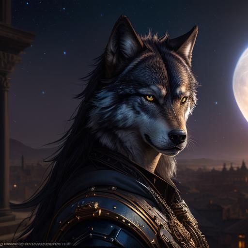 Steampunk Wolf Portrait Under Starry Night
