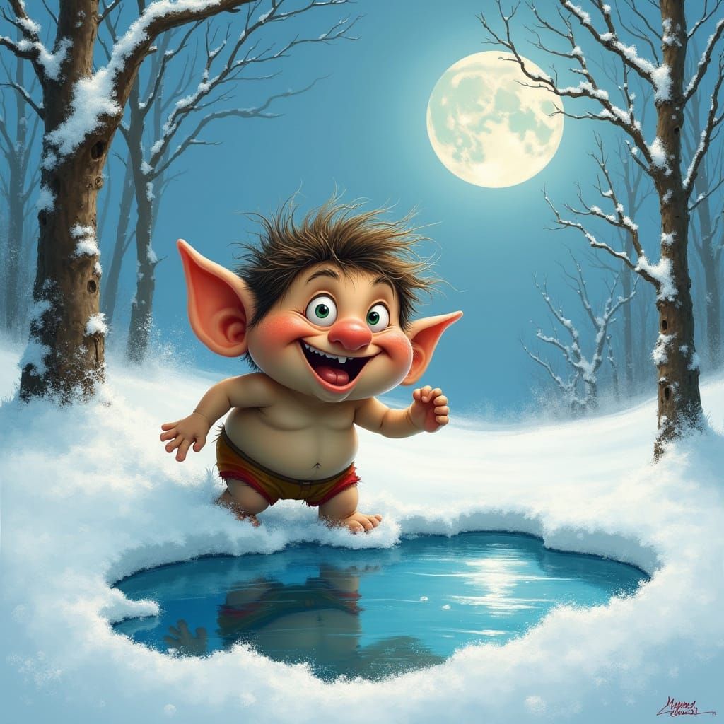 Whimsical Troll in Winter Wonderland Scene