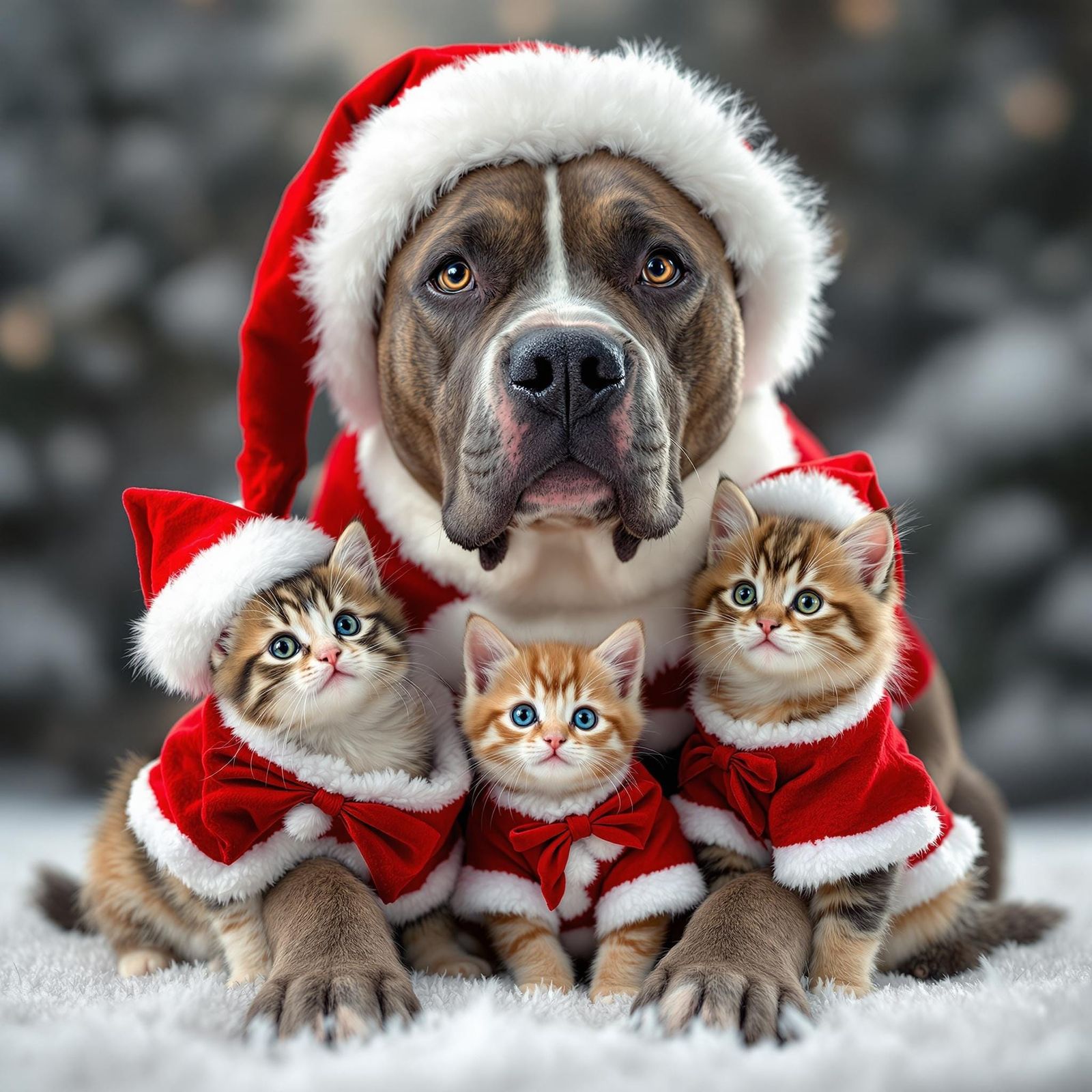 Jolly Pit Bull Surrounded by Adorable Kitten Helpers