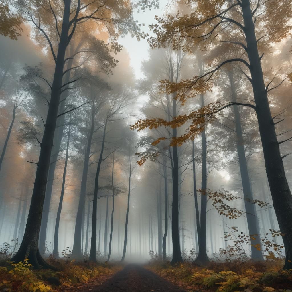 Eerie Autumn Forest Landscape in Golden Light