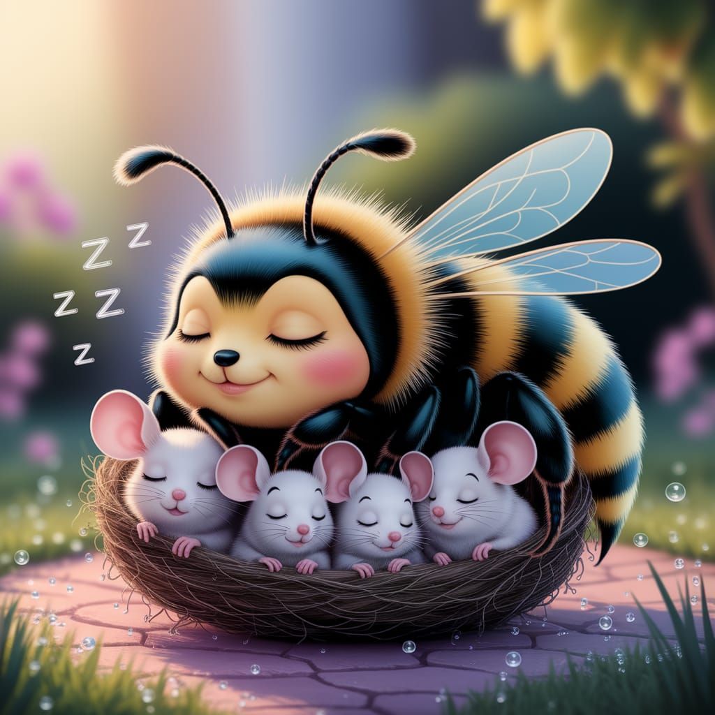 Whimsical Bumblebee in Dreamy Slumber: Digital Art
