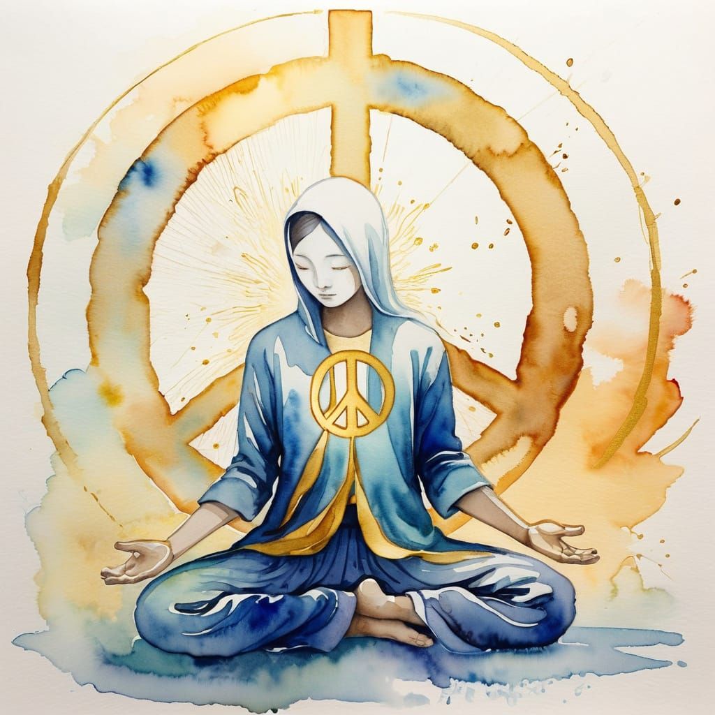 Golden Serenity: A Figure in Devotion to the Peace Symbol