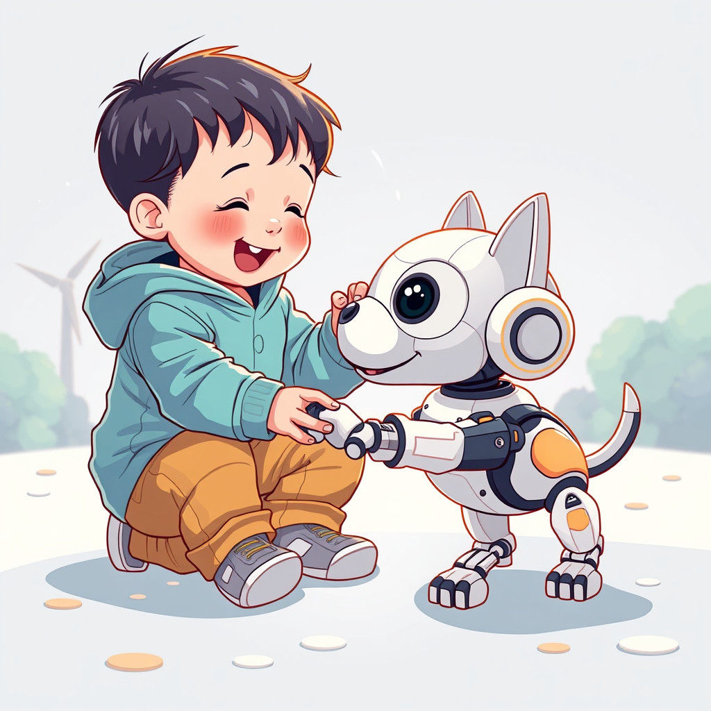 Toddler and Robot-Dog in Cel-Shaded Illustration
