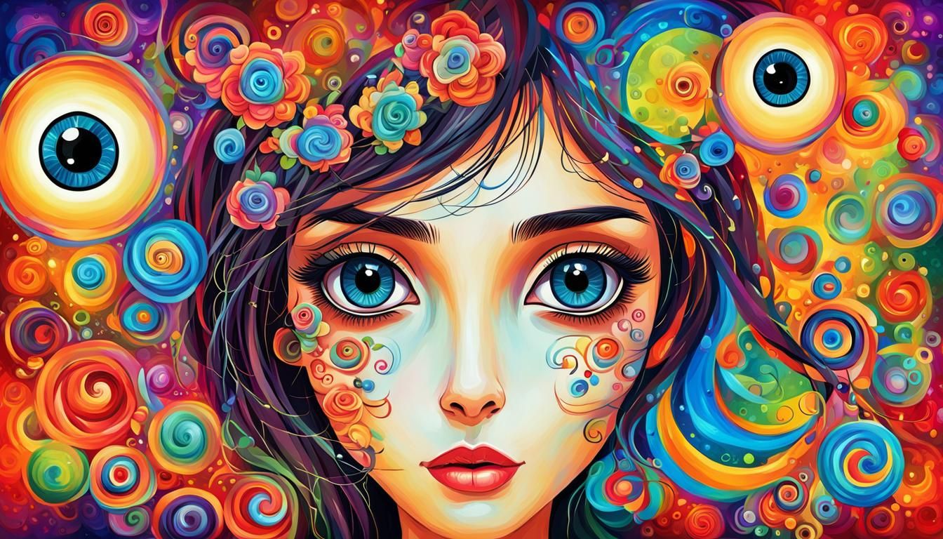 Fantasy Woman with Big Eyes on Colorful Background