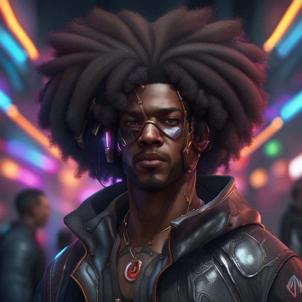 Cyberpunk Portrait of Black Man with Afro, 8K