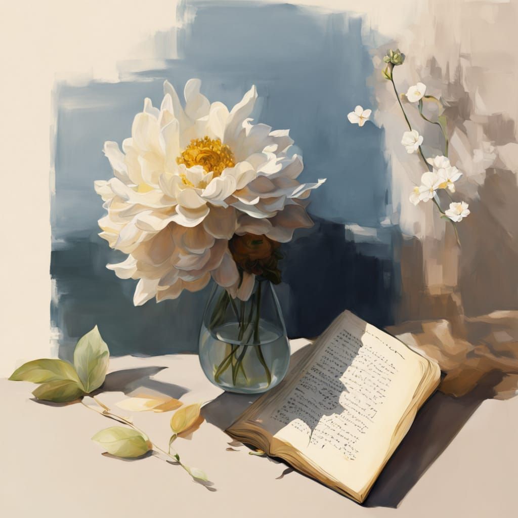 Soft Focus Still Life with Book and Blooming Flower
