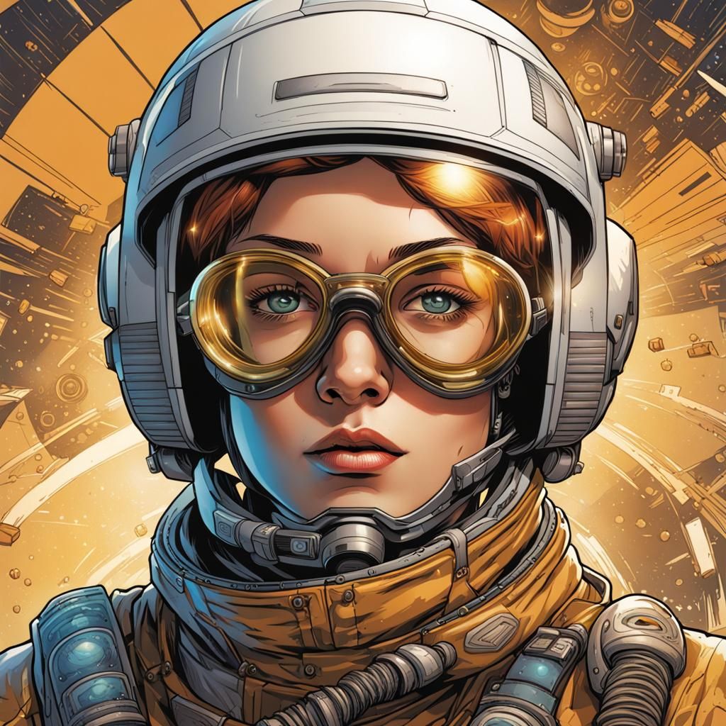 Woman in Space Helmet Portrait, Comic Book Art Style