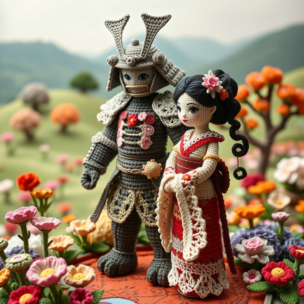 Crochet Samurai Doll Defends Geisha in Garden