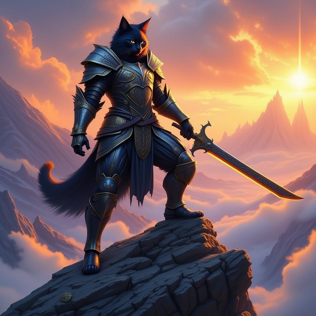Mystical Feline Warrior on Mountain Peak