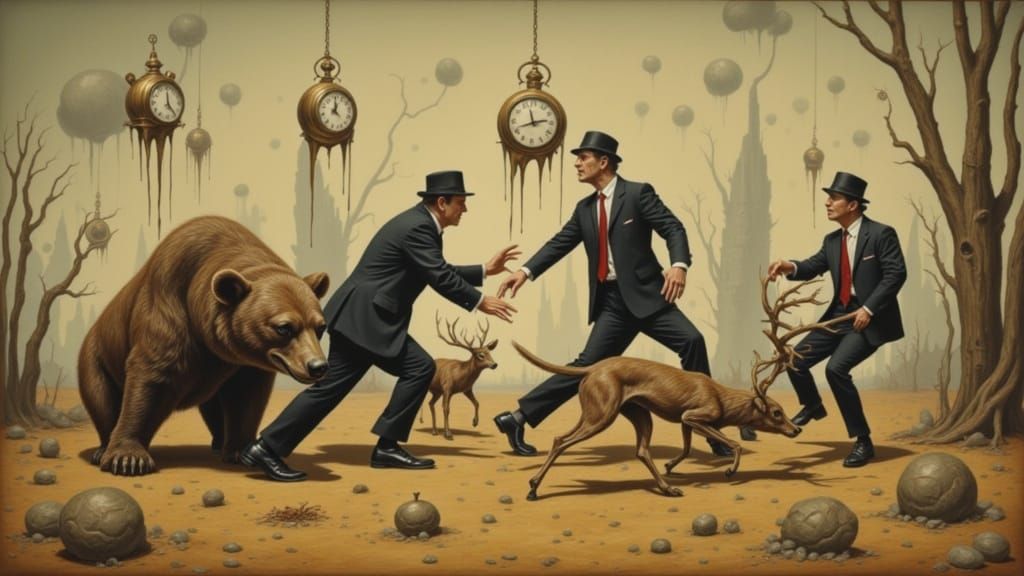 Surrealist Painting of Inspectors Herding Wildlife in a Dalí...