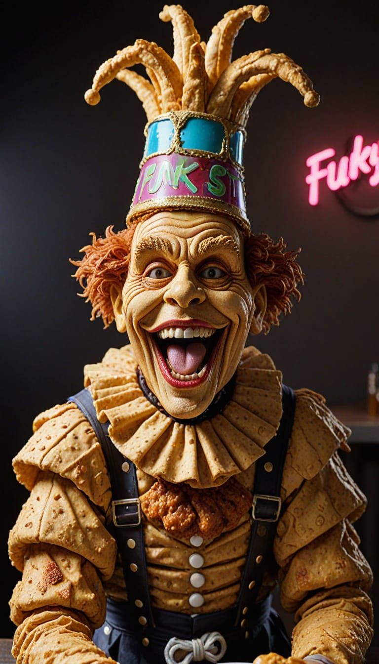 Golden Fried Jester Figure in Quirky Food Photography