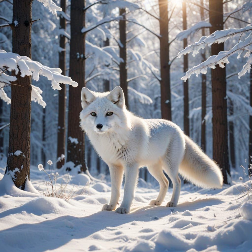 Arctic Fox Hunts in Snowy Forest Sunlight