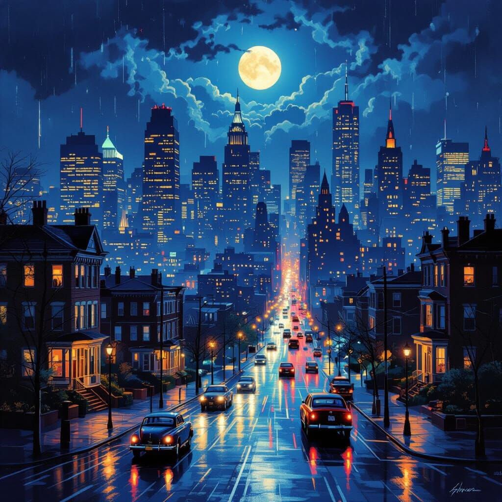 Vibrant Rainy Cityscape Illuminated by Moonlight
