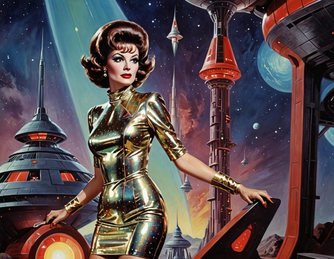Retro Sci-Fi Pinup Girl in Metallic Dress