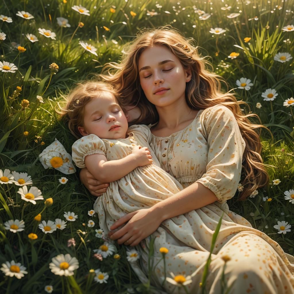 Girl Sleeping with Baby in Summer Light