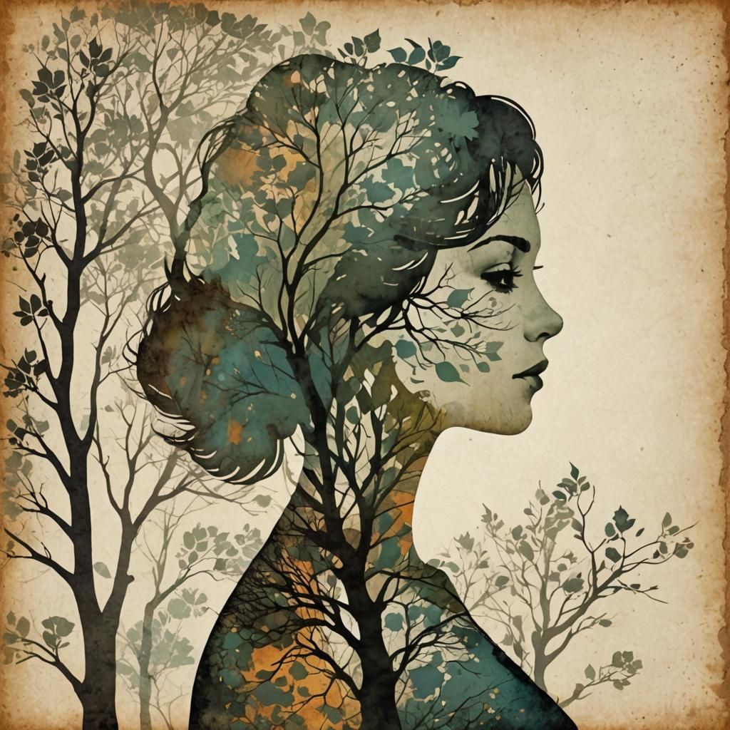 Decoupage Double Exposure: Wistful Female and Tree