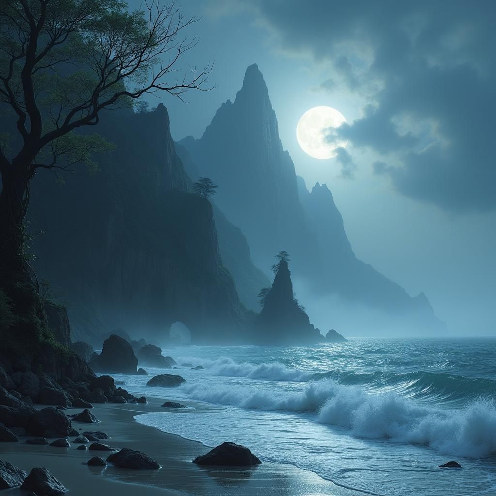 Ethereal Moonlit Coastal Mountains in Dreamy Style