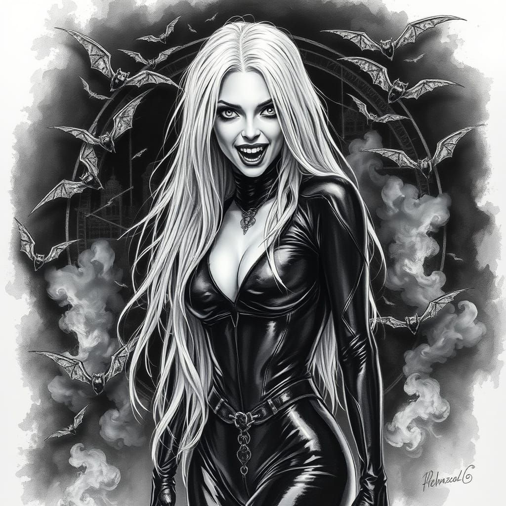 Vampire Goddess in Dark Latex Armor, Charcoal Drawing Style