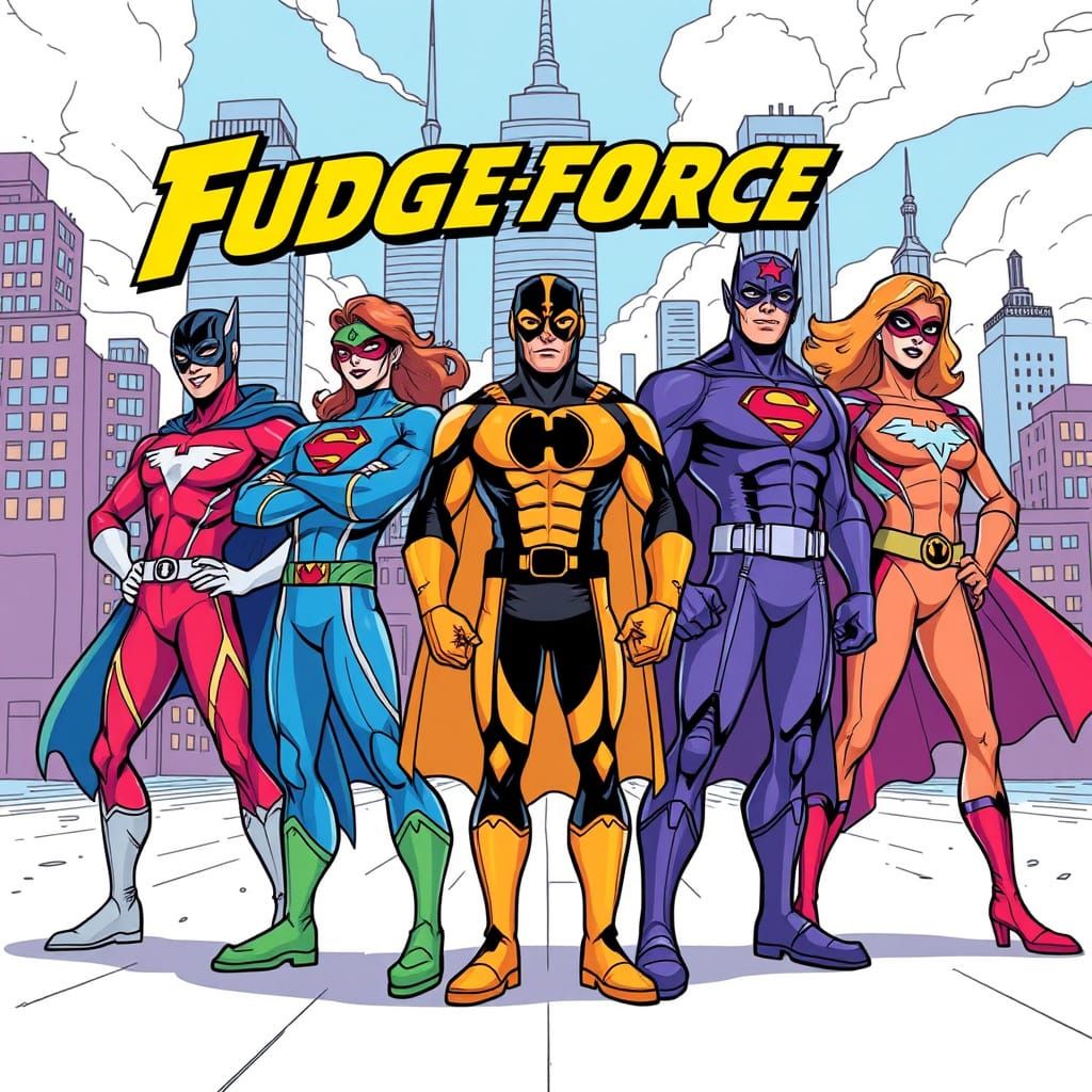 Fudgeforce Five: United Superhero Team in Cityscape