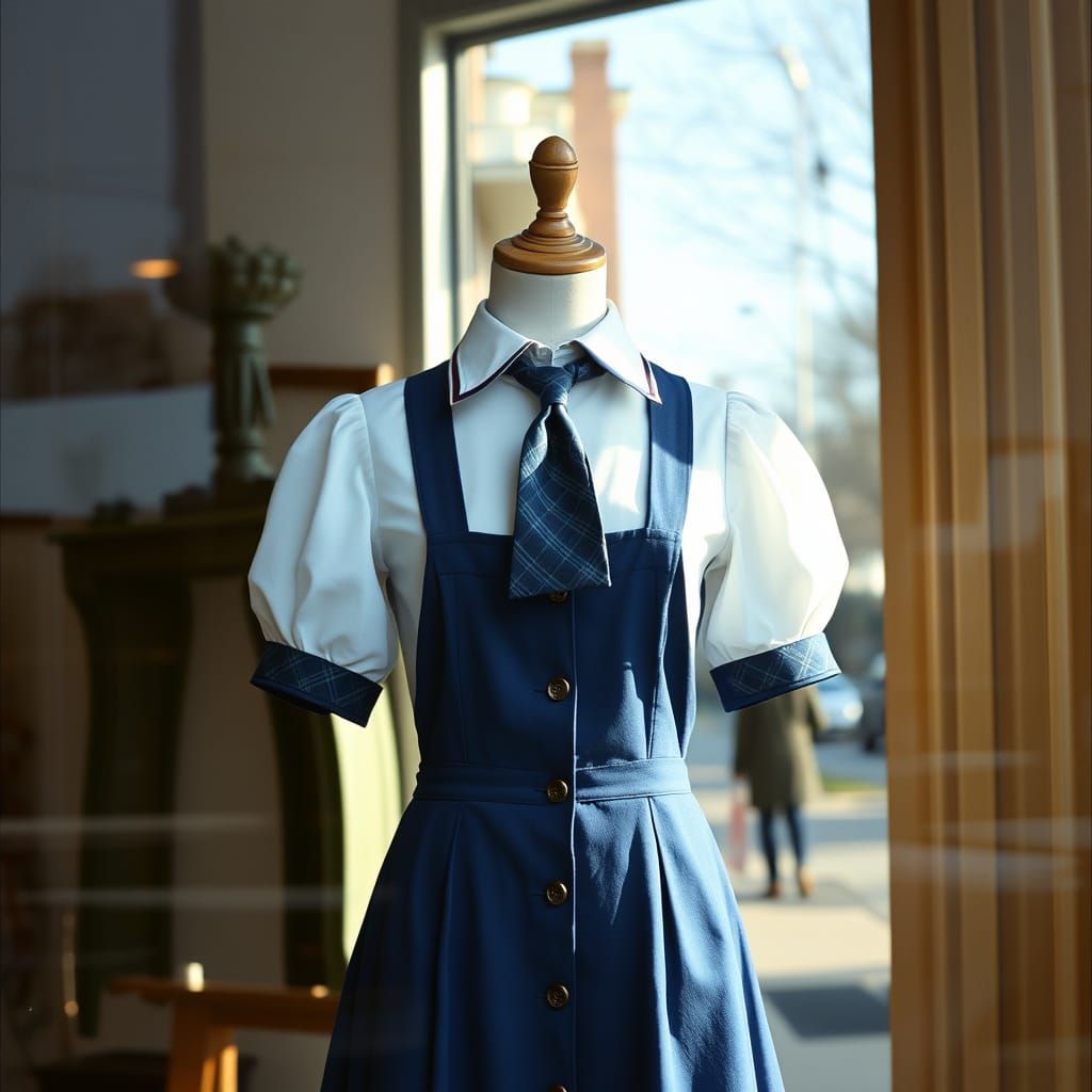 Vintage Schoolgirl Uniform Displayed in a Cinematic Tailor's...